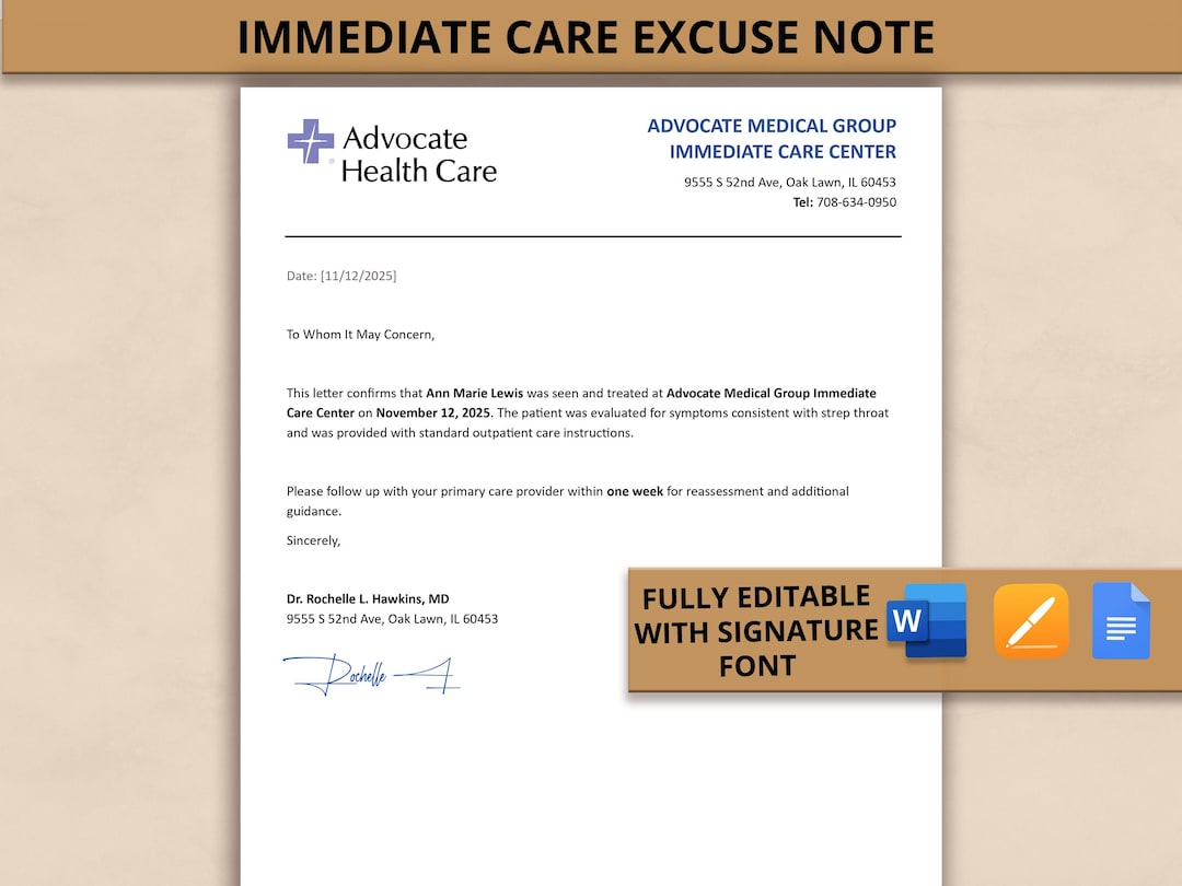 Return to Work Template, for Work, Doctor Excuse Letter, Doctor Note ...