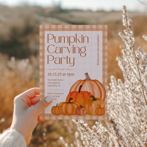 Pumpkin Carving Party Invite Editable Canva Template, Gingham Invite with Watercolor Pumpkins, Jack O Lantern Party Invitation