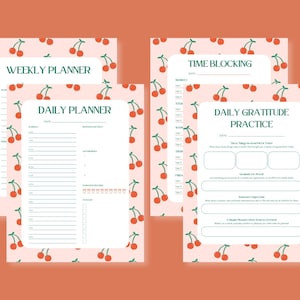Printbare planners met kersenthema voor kleine ondernemers, dag- en weekplanner, tijdblokkering, dankbaarheidsoefeningen, Coquette-esthetiek