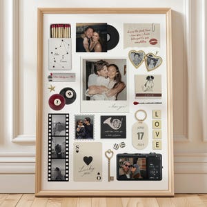May include: A framed collage featuring various mementos, including photos, a vinyl record, a key, and a playing card. The collage includes the text "I love you!" and "Lucky me." The frame is made of light wood.