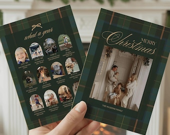 Ralph Lauren Inspired Christmas Card Template, Editable Christmas Card Printable, Green Plaid Family Photo Collage, Digital Download
