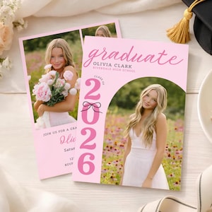 Plantilla rosa para anuncio de graduación / Tarjeta fotográfica de la promoción de 2026 / Invitación editable en Canva para chicas de último año / Invitación moderna para fiesta de graduación