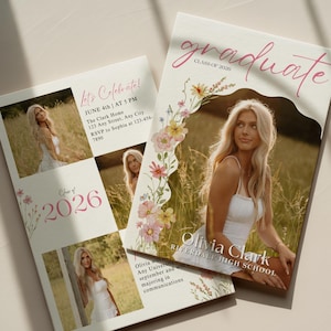 May include: Graduation announcement featuring a photo of a woman in a white dress. The invitation has a floral design with the text "Graduate Class of 2026" and "Let's Celebrate!" with event details.