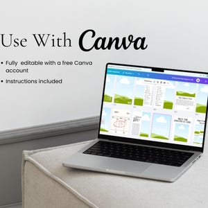 May include: A silver laptop displaying a Canva template with a calendar layout. The screen shows various design elements, including images and text. The text "Use With Canva" is visible above the laptop.