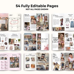May include: A layout of open magazines with various lifestyle themes. The text "54 Fully Editable Pages" is at the top. The pages feature photos, text, and graphics. Topics include outfits, essentials, and personal interests.