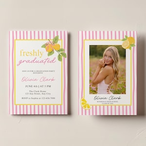 Invitación a fiesta de graduación para recién graduadas / Tarjeta fotográfica para la promoción de 2026 / Invitación de graduación con rayas estilo preppy editable / Plantilla de Canva