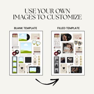 Pu&ograve; includere: Un modello di collage con il testo "USE YOUR OWN IMAGES TO CUSTOMIZE". Il modello vuoto include una scatola di fiammiferi, un disco in vinile, cornici a forma di cuore e altri elementi decorativi. Il modello riempito mostra foto e altri elementi.