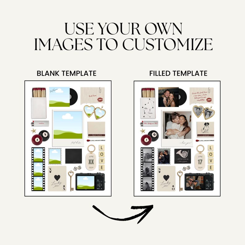 Pu&ograve; includere: Un modello di collage con il testo "USE YOUR OWN IMAGES TO CUSTOMIZE". Il modello vuoto include una scatola di fiammiferi, un disco in vinile, cornici a forma di cuore e altri elementi decorativi. Il modello riempito mostra foto e altri elementi.