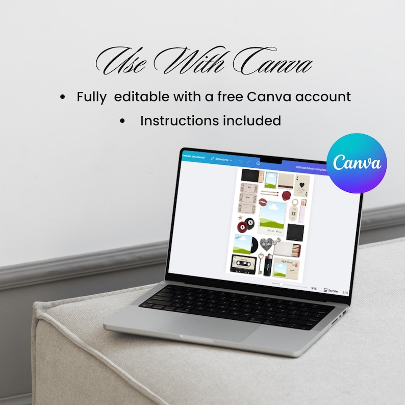 May include: A silver laptop displaying a Canva template with various design elements. The screen shows a collage of images, including a cassette tape, playing cards, and a heart. Text above the laptop reads "Use With Canva". A Canva logo is in the upper right corner.