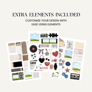 May include: A collection of decorative elements, including a camera, film, matches, a vinyl record, and various heart-shaped and star-shaped items. Text includes "EXTRA ELEMENTS INCLUDED", "CUSTOMIZE YOUR DESIGN WITH EASE USING ELEMENTS", "Love", "XOXO", "I LOVE YOU", and "Light of my Life".