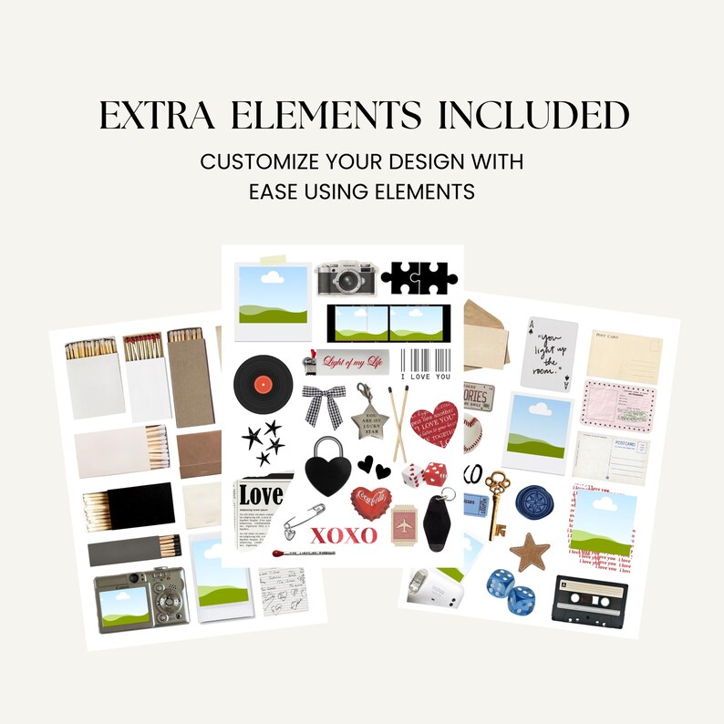 May include: A collection of decorative elements, including a camera, film, matches, a vinyl record, and various heart-shaped and star-shaped items. Text includes "EXTRA ELEMENTS INCLUDED", "CUSTOMIZE YOUR DESIGN WITH EASE USING ELEMENTS", "Love", "XOXO", "I LOVE YOU", and "Light of my Life".