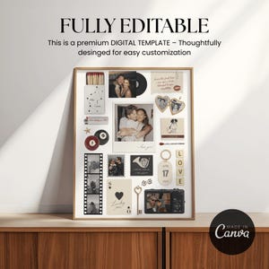 Pu&ograve; includere: Un modello digitale incorniciato con foto, un disco in vinile e elementi decorativi. Il testo "FULLY EDITABLE" e "This is a premium DIGITAL TEMPLATE" sono visibili. Progettato per una facile personalizzazione.