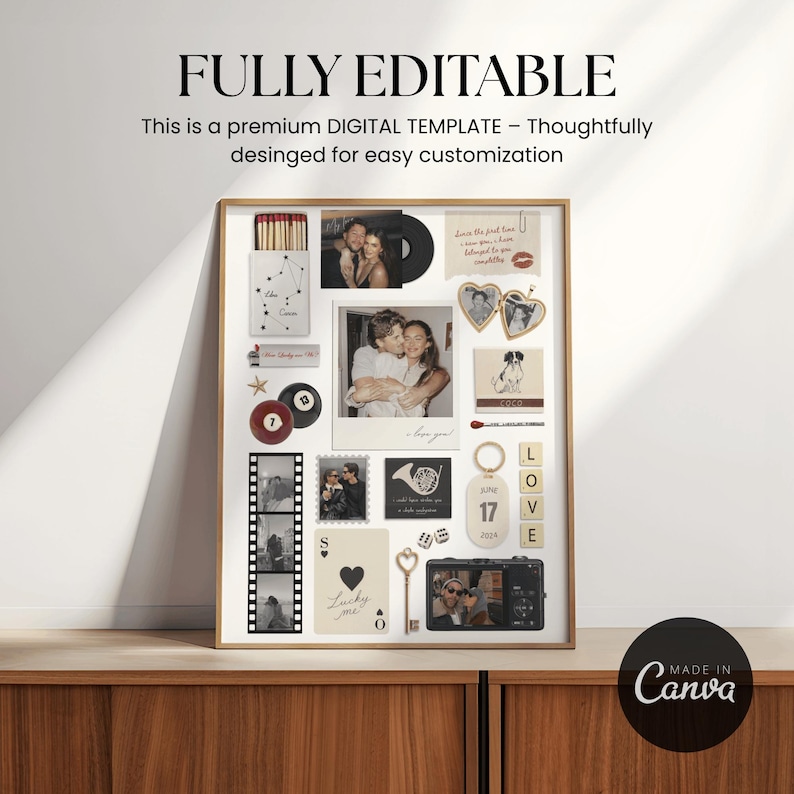 Pu&ograve; includere: Un modello digitale incorniciato con foto, un disco in vinile e elementi decorativi. Il testo "FULLY EDITABLE" e "This is a premium DIGITAL TEMPLATE" sono visibili. Progettato per una facile personalizzazione.