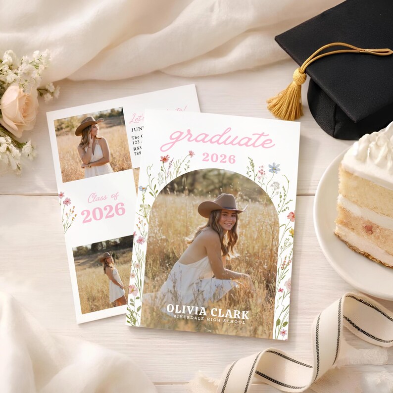 Puede incluir: Anuncios de graduaci&oacute;n con una foto de una persona con un vestido blanco y un sombrero de vaquero. Los anuncios tienen el texto "graduate 2026" y "Olivia Clark, Riverdale High School". Tambi&eacute;n hay un birrete y un pastel en la imagen.