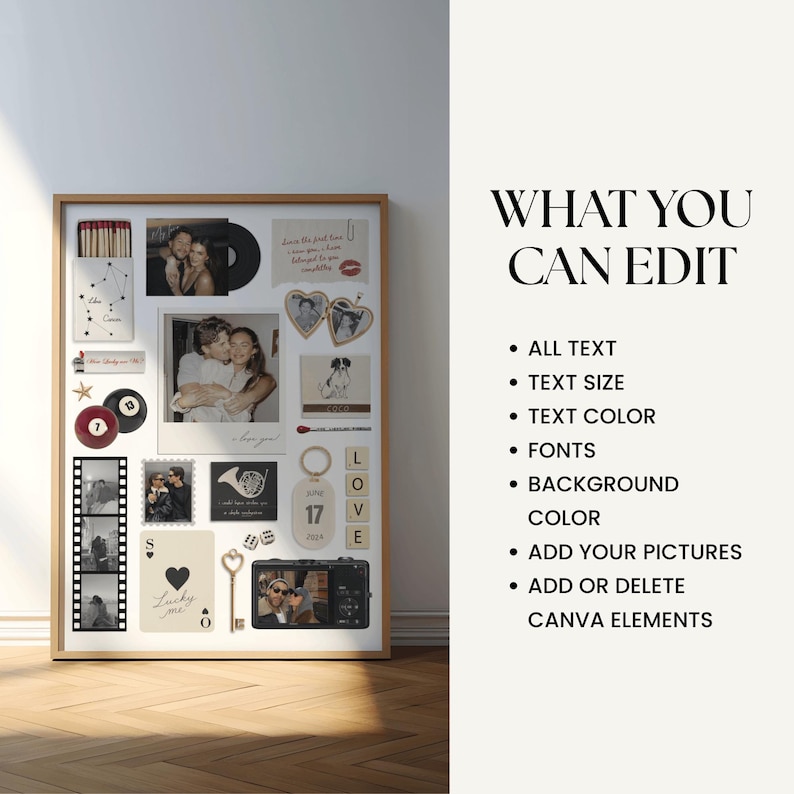 Pu&ograve; includere: Un collage incorniciato con foto personali, elementi decorativi e il testo "WHAT YOU CAN EDIT". Il collage include foto, una chiave, una fotocamera e la parola "LOVE" scritta con singole lettere. La cornice &egrave; in legno.