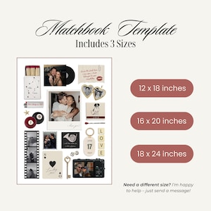 Pu&ograve; includere: Un modello di fiammifero con varie dimensioni, tra cui 30 x 46 cm, 41 x 51 cm e 46 x 61 cm. Il design include foto, un disco in vinile, una chiave, dadi e la parola "LOVE" su un portachiavi.