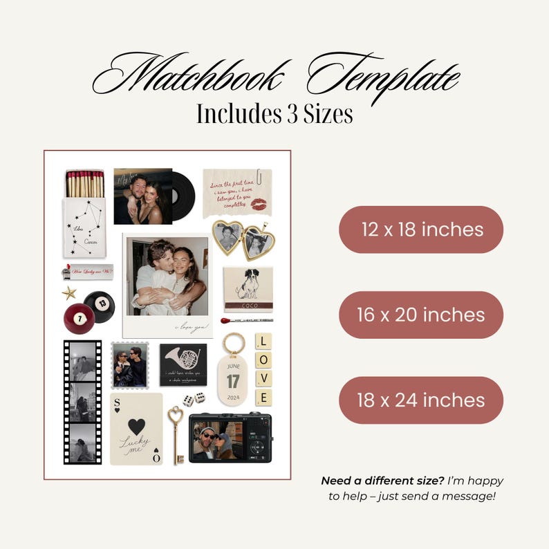 Pu&ograve; includere: Un modello di fiammifero con varie dimensioni, tra cui 30 x 46 cm, 41 x 51 cm e 46 x 61 cm. Il design include foto, un disco in vinile, una chiave, dadi e la parola "LOVE" su un portachiavi.