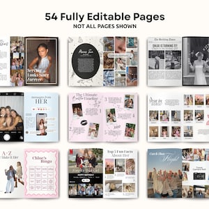 May include: A layout of a scrapbook or photo album with various pages. The pages include text and photos, with headings like "Birthday Wishes," "Serving Looks Since Forever," and "Chloe is Turning 22!" The text "54 Fully Editable Pages" is at the top.
