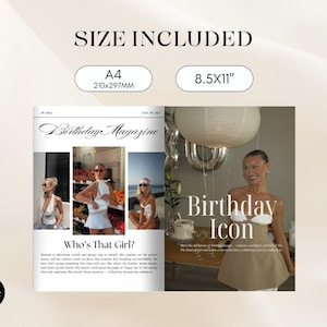 Puede incluir: Dise&ntilde;o de revista con el texto "Birthday Magazine" y "Birthday Icon". El dise&ntilde;o incluye fotos de una mujer con varios atuendos. Se incluyen los tama&ntilde;os A4 (210x297mm) y 8.5x11".