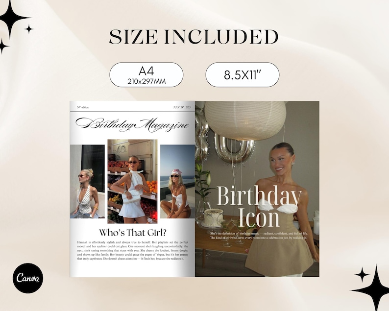 Puede incluir: Dise&ntilde;o de revista con el texto "Birthday Magazine" y "Birthday Icon". El dise&ntilde;o incluye fotos de una mujer con varios atuendos. Se incluyen los tama&ntilde;os A4 (210x297mm) y 8.5x11".