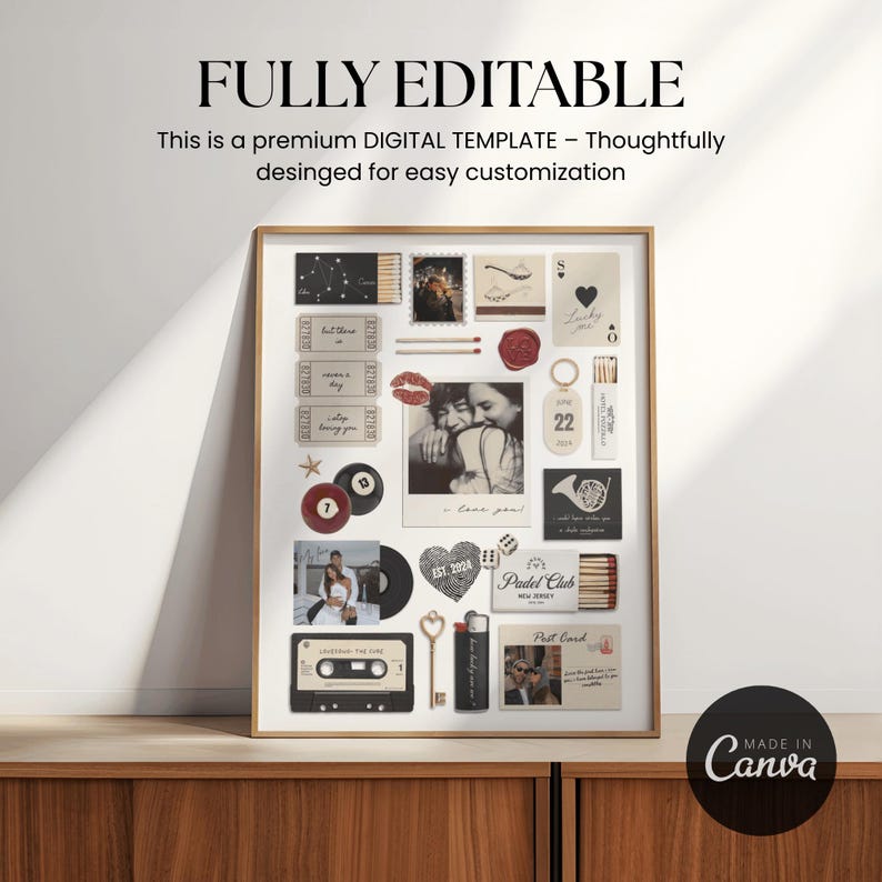 May include: A framed collage featuring various vintage-style elements. Includes a photo, tickets, playing cards, a cassette tape, and a lighter. The text "FULLY EDITABLE" and "DIGITAL TEMPLATE" are visible. The collage is displayed on a wooden surface.