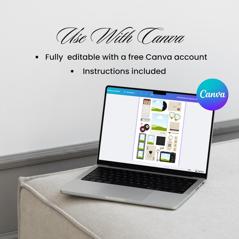 Pu&ograve; includere: Un laptop mostra un design di modello Canva con segnaposto per immagini ed elementi di design. Lo schermo mostra il testo "Use With Canva" e punti elenco che indicano che il modello &egrave; completamente modificabile e include istruzioni. Un logo Canva &egrave; visibile.