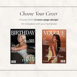 May include: Two magazine covers are displayed. The first is titled "BIRTHDAY" with a photo of a blonde woman. The second is titled "VOUGUE" with a photo of a woman in a yellow dress. The text reads "Choose Your Cover" and "Choose from 2 cover page design."