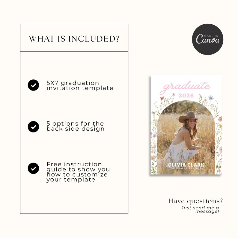 Puede incluir: Una plantilla de invitaci&oacute;n de graduaci&oacute;n con una foto de una persona en un campo, la palabra "graduate" en rosa y el a&ntilde;o 2026. La plantilla incluye una invitaci&oacute;n de 5x7, 5 opciones de dise&ntilde;o de respaldo y una gu&iacute;a de personalizaci&oacute;n.