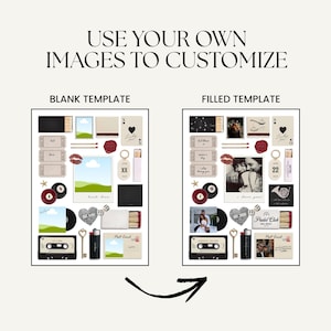 May include: A collage of customizable templates with various elements. The left side shows a blank template with items like a cassette tape, key, and postcard. The right side is a filled template with photos and text. Text includes "USE YOUR OWN IMAGES TO CUSTOMIZE".
