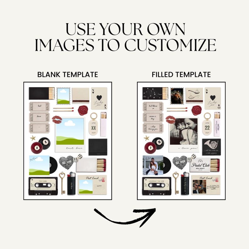 May include: A collage of customizable templates with various elements. The left side shows a blank template with items like a cassette tape, key, and postcard. The right side is a filled template with photos and text. Text includes "USE YOUR OWN IMAGES TO CUSTOMIZE".