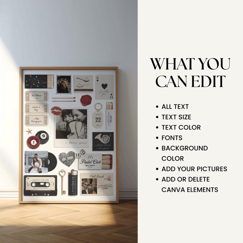 May include: A framed collage with various vintage-style elements, including photos, stamps, and playing cards. The text "WHAT YOU CAN EDIT" and editing options are displayed on the right side of the frame.