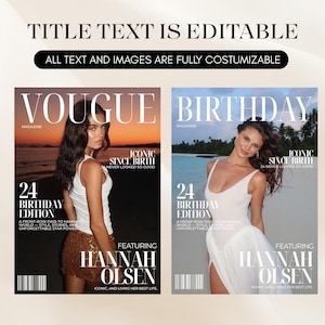 Puede incluir: Dos portadas de revistas con modelos. La portada izquierda dice "Vogue" y "24 Birthday Edition" con el texto "Iconic Since Birth". La portada derecha dice "Birthday" y "24 Birthday Edition" con el texto "Iconic Since Birth". Ambas portadas presentan el nombre "Hannah Olsen".