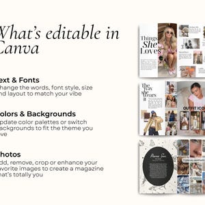 May include: A magazine spread design with the text "What's editable in Canva." The design highlights text and fonts, colors and backgrounds, and photos. The magazine includes fashion and lifestyle images.