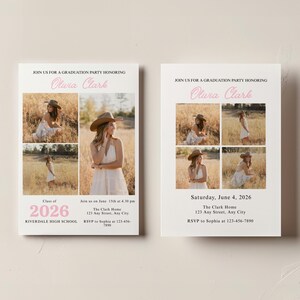 Puede incluir: Dos invitaciones blancas para una fiesta de graduaci&oacute;n. Cada tarjeta presenta un collage de fotos de una persona con un vestido blanco y un sombrero de vaquero. El texto dice: "&Uacute;nase a nosotros para una fiesta de graduaci&oacute;n en honor a Olura Clark."
