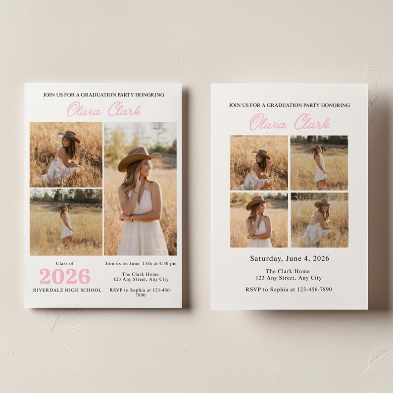 Puede incluir: Dos invitaciones blancas para una fiesta de graduaci&oacute;n. Cada tarjeta presenta un collage de fotos de una persona con un vestido blanco y un sombrero de vaquero. El texto dice: "&Uacute;nase a nosotros para una fiesta de graduaci&oacute;n en honor a Olura Clark."