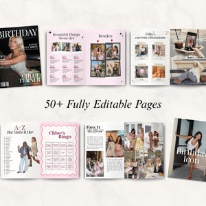 May include: A collection of magazine spreads with the word "BIRTHDAY" on the covers. The spreads feature photos and text, including "Chloe Turner," "besties," and "Chloe's Bingo." The text "50+ Fully Editable Pages" is also visible.