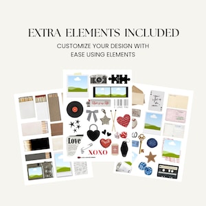 Pu&ograve; includere: Una collezione di elementi per scrapbook, tra cui una fotocamera, pellicola, fiammiferi, un disco in vinile, cuori, stelle e il testo "EXTRA ELEMENTS INCLUDED". L'immagine include anche il testo "CUSTOMIZE YOUR DESIGN WITH EASE USING ELEMENTS".