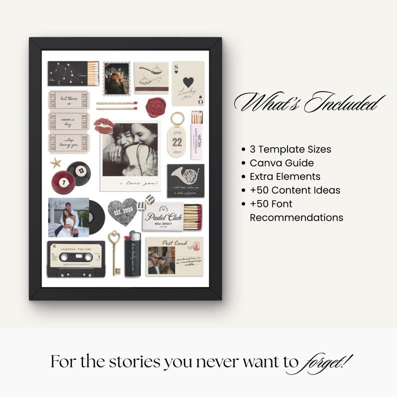 May include: A framed collage with various elements, including photos, tickets, and matchsticks. The collage features a black frame and includes text that reads "What's Included" and "For the stories you never want to forget!"