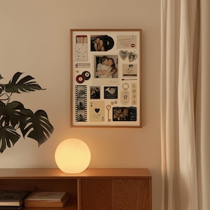 Pu&ograve; includere: Un collage incorniciato di foto e ricordi &egrave; appeso a una parete. Una lampada rotonda e luminosa &egrave; posizionata su un mobile in legno sottostante. Il collage include foto, biglietti ed elementi decorativi.