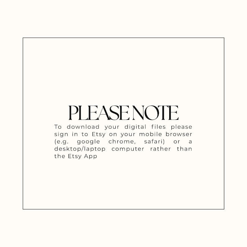 Puede incluir: Un fondo blanco con un marco rectangular negro. Dentro del marco, el texto "PLEASE NOTE" se muestra en una fuente elegante y en negrita. Debajo, un texto m&aacute;s peque&ntilde;o proporciona instrucciones.