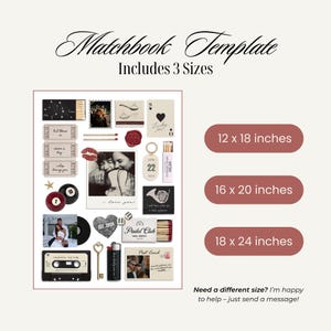 May include: A matchbook template design with various sizes: 12 x 18 inches, 16 x 20 inches, and 18 x 24 inches. The design includes a collage of vintage-style elements, such as a photo, tickets, a cassette tape, and a postcard.