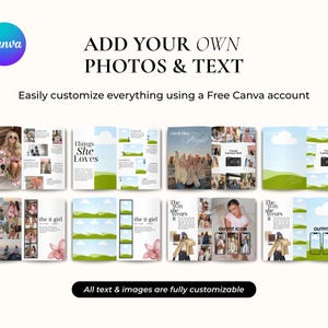 May include: A promotional image for Canva, featuring a layout design with the text "ADD YOUR OWN PHOTOS & TEXT". The design includes sample layouts with photos and text, and the text "All text & images are fully customizable".