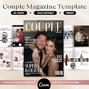 以下が含まれることがあります： 「Couple Magazine Template」というタイトルの雑誌テンプレート。テキストは「50+ PAGES」、「FULLY EDITABLE」、「TRENDY」。表紙にはカップルと「1ST ANNIVERSARY EDITION」の文字。追加ページには写真とテキストが表示されています。