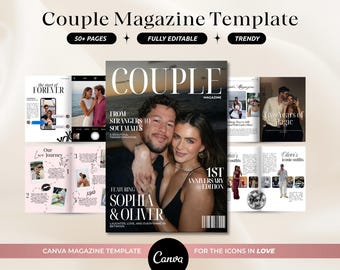 Plantilla de revista personalizada para parejas / Regalo de aniversario personalizado para novios / Regalo editable en Canva / Recuerdo de compromiso