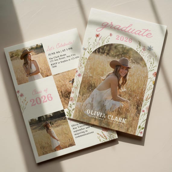 Wildflower Graduation Announcement Template | Editable Senior Girl Grad Invite | Class of 2026 Floral Graduation Card