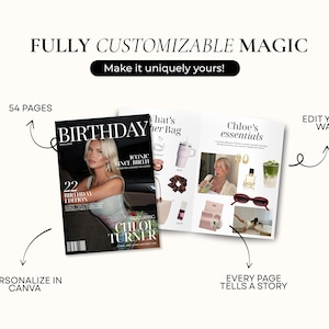 May include: A magazine spread with the headline "FULLY CUSTOMIZABLE MAGIC." The cover features a woman and the text "BIRTHDAY EDITION" and "CHLOE TURNER." The open spread displays "Chloe's essentials" and "What's her Bag?" with various items.