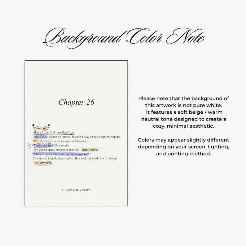 May include: A digital artwork with a soft beige background. The text includes "Chapter 26" and excerpts from a story, with highlighted phrases. The artwork also includes a note about the background color and its cozy aesthetic.