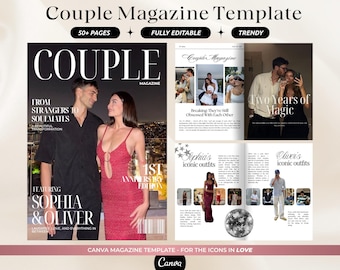 Plantilla de revista para parejas / Regalo personalizado de aniversario para novio y novia / Regalo editable en Canva / Recuerdo de compromiso