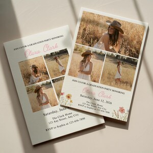 Puede incluir: Dos invitaciones a una fiesta de graduaci&oacute;n. Las invitaciones presentan un collage de fotos de una persona con sombrero en un campo. El texto dice "&Uacute;nase a nosotros para una fiesta de graduaci&oacute;n en honor a Olivia Clark" e incluye la fecha, la hora y la informaci&oacute;n de RSVP.