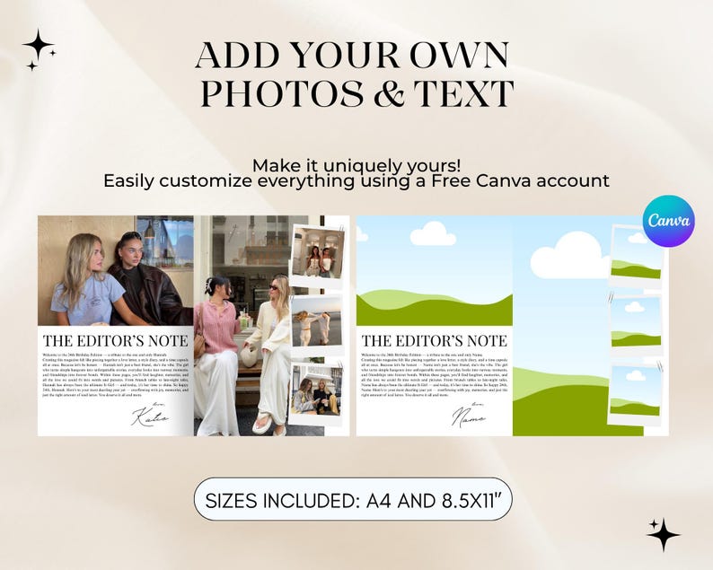 Puede incluir: Una plantilla personalizable con el texto &laquo;A&Ntilde;ADE TUS PROPIAS FOTOS Y TEXTO&raquo; y &laquo;&iexcl;Hazlo &uacute;nico!&raquo;. El dise&ntilde;o incluye marcadores de posici&oacute;n para fotos, ilustraciones de paisajes verdes y el texto &laquo;THE EDITOR'S NOTE&raquo;. Disponible en tama&ntilde;os A4 y 8,5x11 pulgadas.